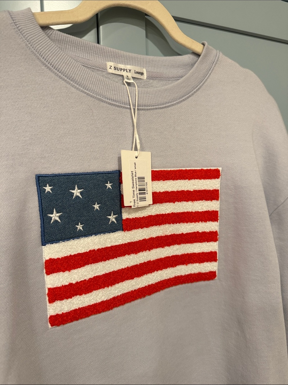 Z Supply Light Blue Crew Sweatshirt with Flag Patch - Picture 2 of 4